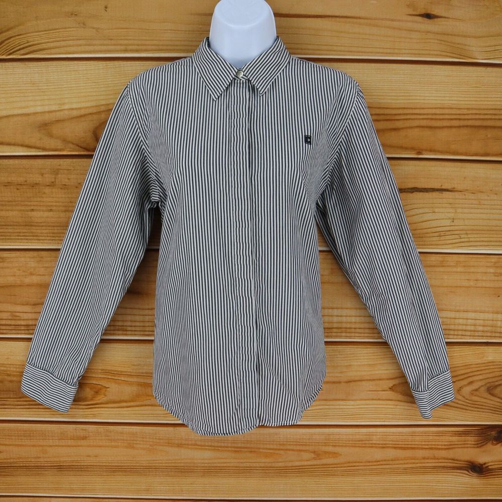 Chaps Button Up Shirt Womens L Black White Striped Cotton Long Sleeves Collared